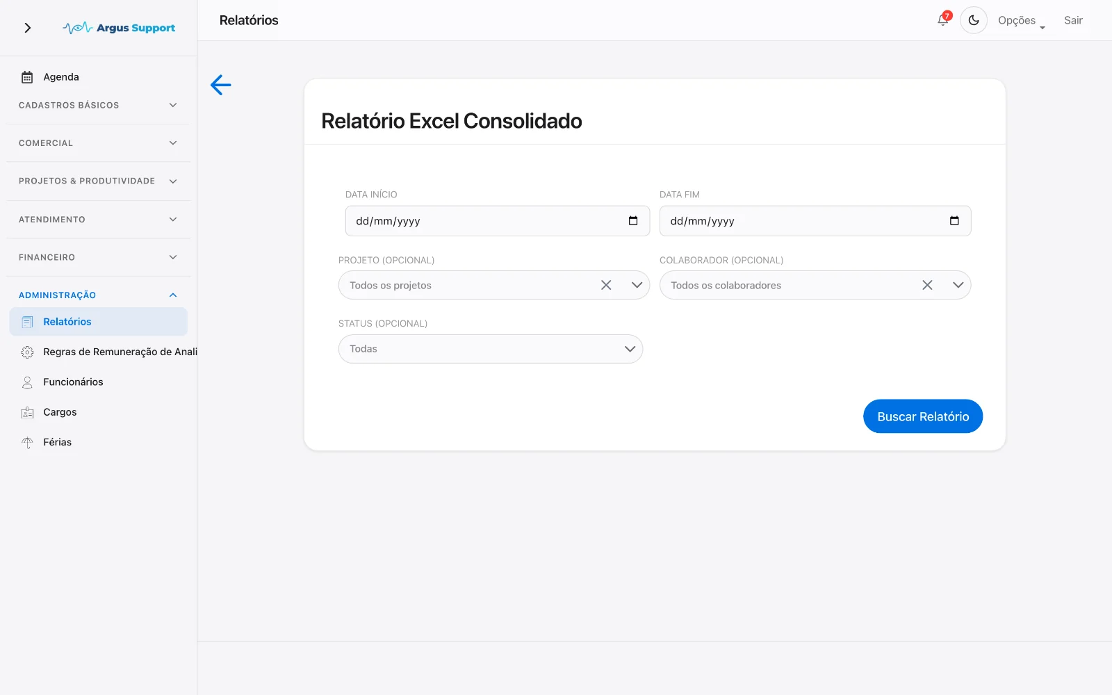 Relatórios: exportação consolidada das horas em Excel.